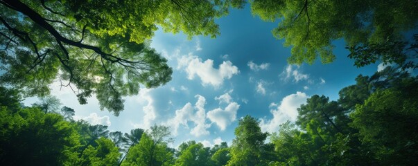Looking up at the green tops of trees, Generative AI
