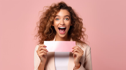 Happy young woman holding a ticket or gift voucher. Excited female holding a blank card - obrazy, fototapety, plakaty