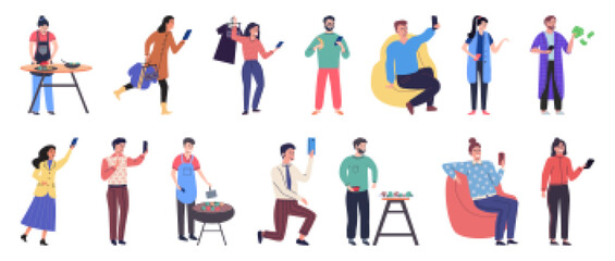 Fototapeta na wymiar People with smartphone. Vector illustration. Smartphones provide means for people to communicate and foster social relationships Cellphones have revolutionized communication and telephony for people