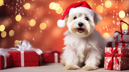 Christmas holidays concept. Cute dog in Santa red hat.