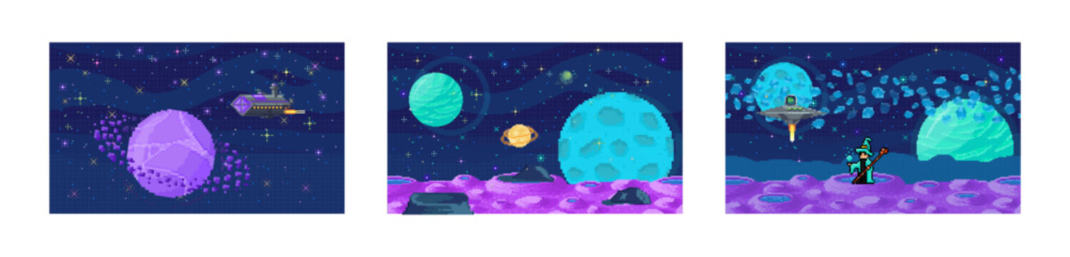 Space game. Vector illustration. The game presents futuristic vision space exploration and intergalactic adventures The pixelated asteroids pose challenges as players navigate vastness solar system