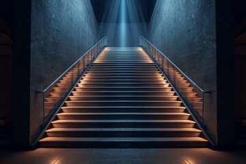 a staircase leading towards a bright source of illumination. Generative AI - obrazy, fototapety, plakaty