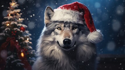 Christmas holidays concept. Cute wolf in Santa red hat.