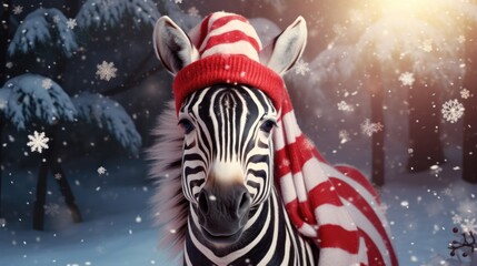 Christmas holidays concept. Cute zebra in Santa red hat. - obrazy, fototapety, plakaty