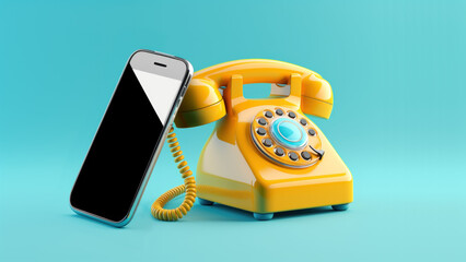 combiné de téléphone vintage jaune avec un smartphone moderne posé à côté, fond bleu - obrazy, fototapety, plakaty