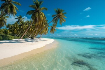 Sandy tropical beach with palm trees and turquoise sea on an island. Generative AI