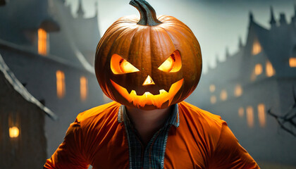 Man with Pumpkin head instead of human head smiling at viewer - 667767216