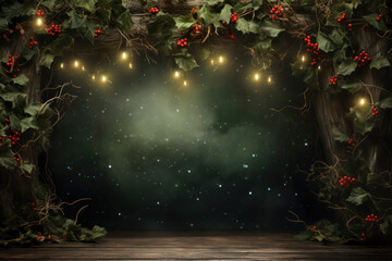 An enchanting background with fairy lights, holly, and mistletoe, providing a cozy space for Christmas holiday text or product highlights. Generative AI - obrazy, fototapety, plakaty