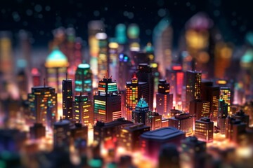 Miniature cityscape with vibrant lights, rendered in a blurred 3D style. Illustration. Generative AI