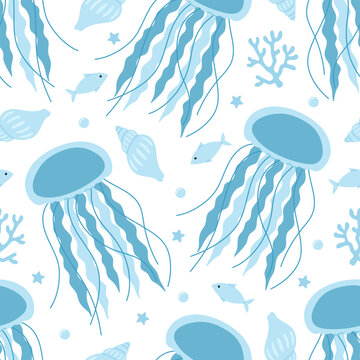 Seamless pattern with cute blue jellyfish, seaweed, shells, fish, starfish and bubbles. Vector flat illustration isolated on white background. Marine print with sea and ocean animals