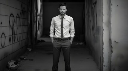 Obraz premium Handsome casual man standing with arms in pockets isolated on a gray background and looking away