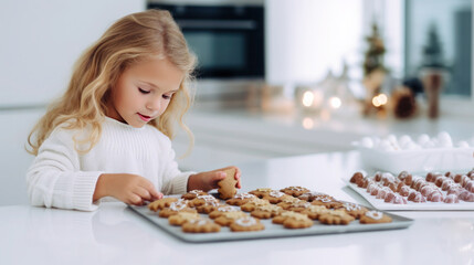 Blonde haired little girl enjoys decorates gingerbread cookies on Christmas eve in a modern white kitchen