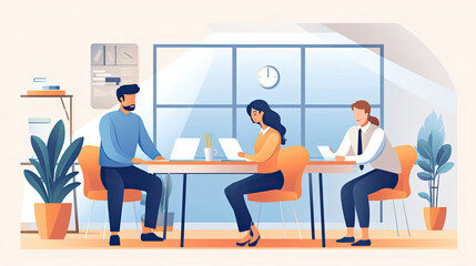 An office environment illustration for a productivity app. Shows employees focused on their tasks in a sleek minimalist office.