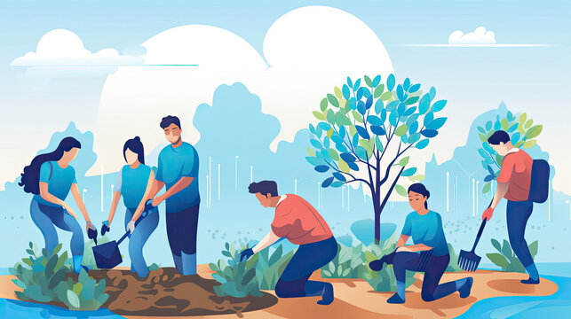 An image for a corporate volunteer program. Shows employees engaged in community service activities