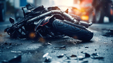 The motorcycle lies on the sidewalk after a road trip. Severe accident. Accident, close-up. AI...