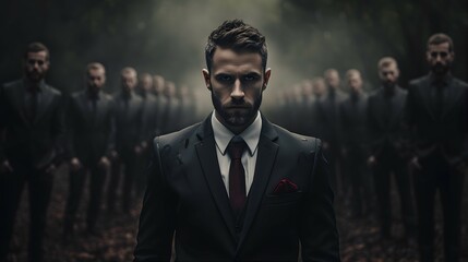 A set of images of man in a black formal suit in various poses. Business, success and failure. a lot of men in black suits - obrazy, fototapety, plakaty