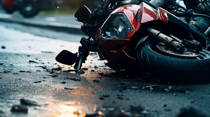 The motorcycle lies on the sidewalk after a road trip. Severe accident. Accident, close-up. AI...