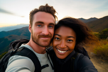 multiracial couple poses for a selfie photo. asian and american background, mountain