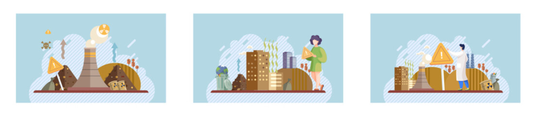 Waste pollution. Vector illustration. Climate change and waste pollution are interconnected issues require comprehensive solutions The improper handling waste exacerbates environmental problems