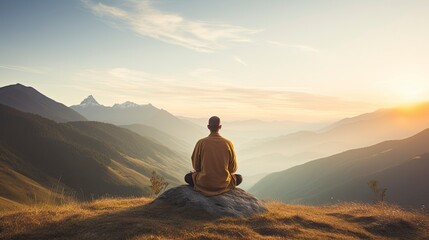 meditation at Mountain landscape at sunset, Generative AI