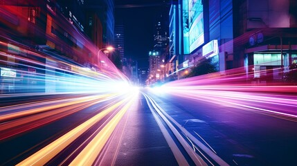 Fototapeta na wymiar beautiful movement of taillights of cars speeding down the city streets at night, dynamic night scene of the city. generative AI