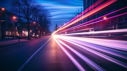 Fototapeta na wymiar beautiful movement of taillights of cars speeding down the city streets at night, dynamic night scene of the city. generative AI