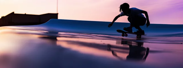 Zelfklevend Fotobehang teenager skating on a ramp in a skatepark, silhouette of a skateboard tricks on a pink and purple sky background, water reflection, panorama wallpaper  © kiddsgn