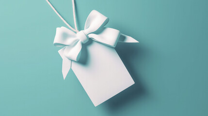Hanging white note with white rope bow isolated on turquoise pastel color background. Generative AI