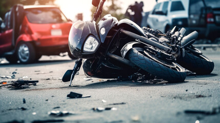 The motorcycle lies on the sidewalk after a road trip. Severe accident. Accident, close-up. AI...