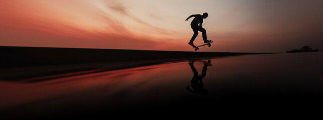 panoramic view with skate park silhouette and a trick skateboarder on a red sky, skateboard lifestyle wallpaper 