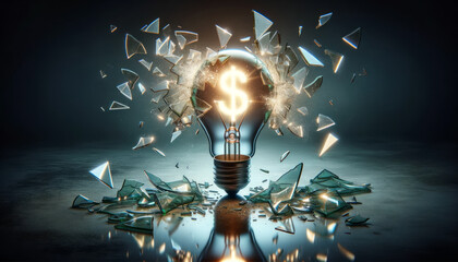 A lightbulb with a dollar sign inside. Shattering glass.  Illuminated. Sparks and lines. Clever idea. Brainstorming ideas. Revenue producing ideas. Profiting from ideas. Eureka moment.
