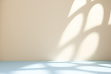 Abstract light beige background with soft sun light the window and blur shadow on gradient wall. Product presentation studio backdrop. Generative AI