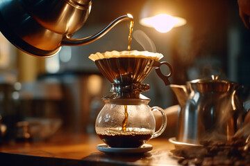 pouring coffee through a filter into a cup