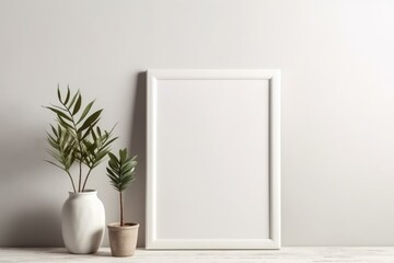 Fototapeta na wymiar Empty frame, brushes, plants on white wall background. Generative AI