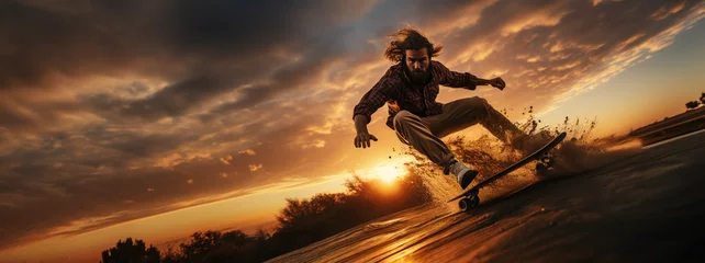 Poster man on a skateboard in a action wallpaper at sunset, epic and dynamic skateboard trick in display banner © kiddsgn