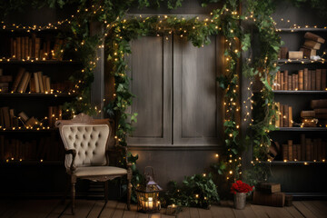 An enchanting background with fairy lights, holly, and mistletoe, providing a cozy space for Christmas holiday text or product highlights. Generative AI