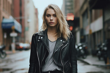 Stylish woman in elegance black jacket at city street