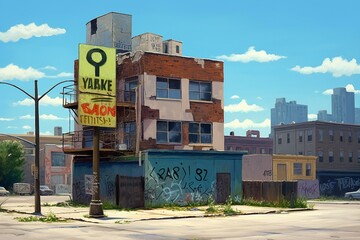 Urban landscape with 'house for sale' sign atop a building. Generative AI