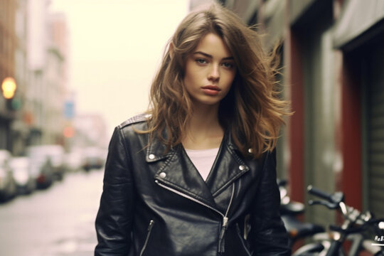 Stylish woman in elegance black jacket at city street