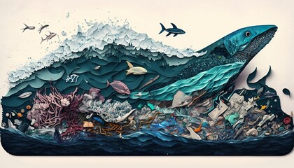 escape from trash sea, ocean pollution with plastic 2D design illustration