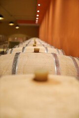 Collection of wooden barrels arranged in a room