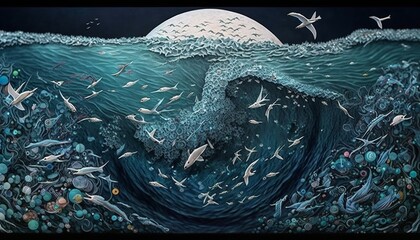 sea birds cathing trash, ocean pollution with plastic 2D design illustration - obrazy, fototapety, plakaty