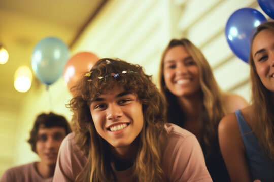 Happy smiling teens with ballons at Birthday, image in 1980s or 1990s filter style