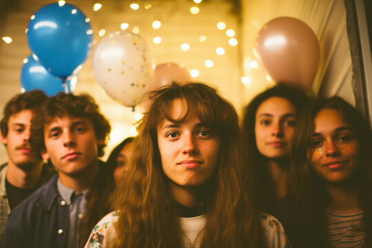 Happy smiling teens with ballons at Birthday, image in 1980s or 1990s filter style