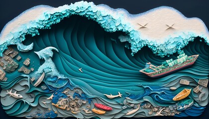 environment, plastic wave in the ocean 2D design illustration