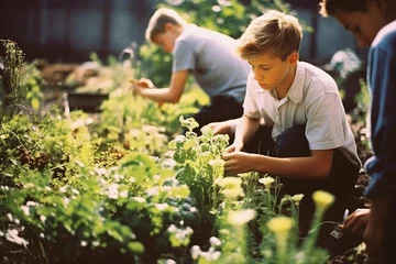 Poster de jardin Jardin teenagers planting vegetables in the garden