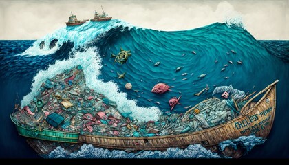 environment, shipwreck under the ocean pollution with plastic 2D design illustration