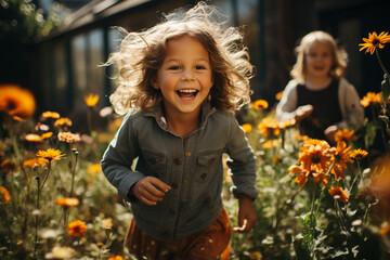 Happy children with yellow flowers around - obrazy, fototapety, plakaty