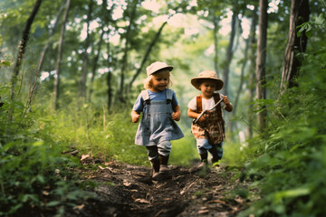 Naklejka na ściany i meble Happy group of children walking on path in forest