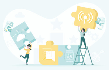 Artificial Intelligence (AI) technology and assemble jigsaw puzzle strategy. Work together, solving problem, tactical planning, brainstorming, thinking, goal. Flat vector design illustration.